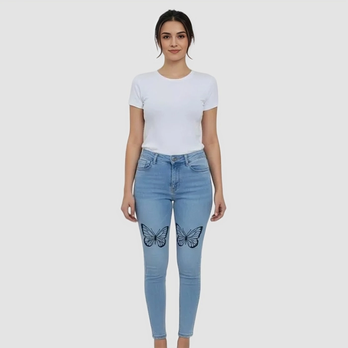 Light Blue Butterfly Print Skinny Jeans