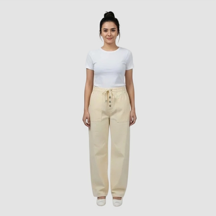 Beige Button Detail Wide Leg Pants